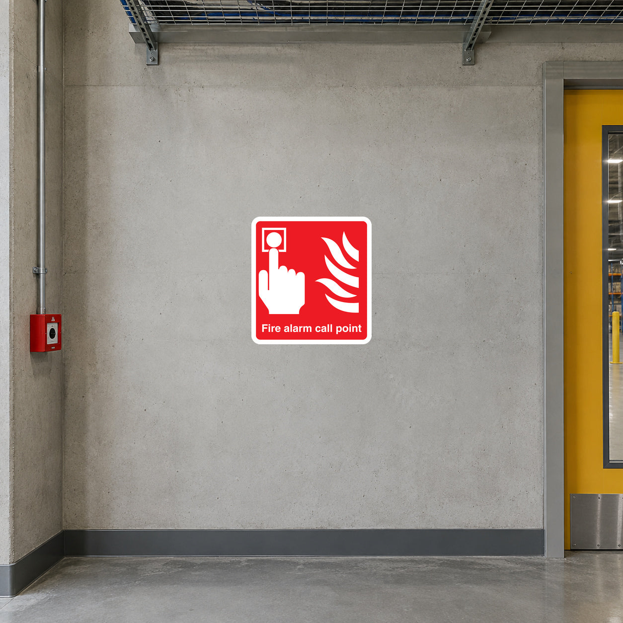 Fire alarm call point sticker with red pictogram and label