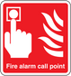 Fire alarm call point sticker, red sign with white border, hand and flame icon