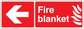 Red fire blanket sticker with white arrow, 'Fire blanket' text, and flame icon