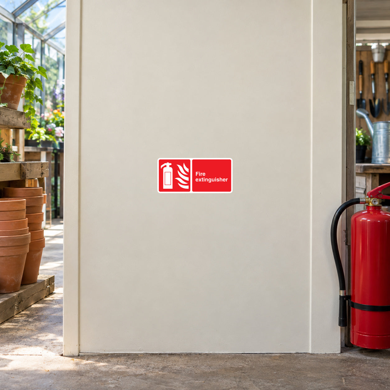 Red fire extinguisher warning rectangle sticker with extinguisher icon