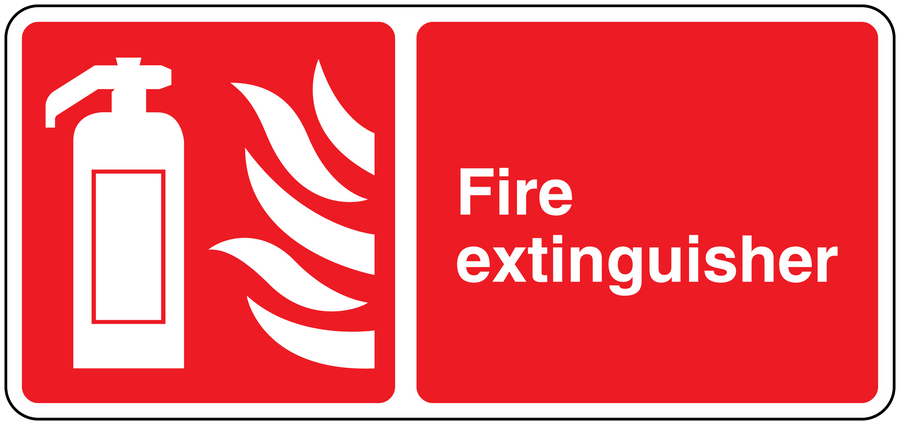 Red fire extinguisher rectangle sticker with white icon and 'Fire extinguisher' text