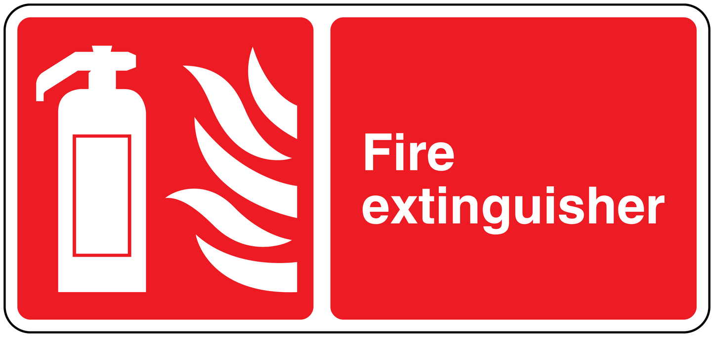 Red fire extinguisher rectangle sticker with white icon and 'Fire extinguisher' text