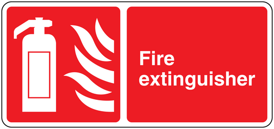 Red fire extinguisher rectangle sticker with white icon and 'Fire extinguisher' text