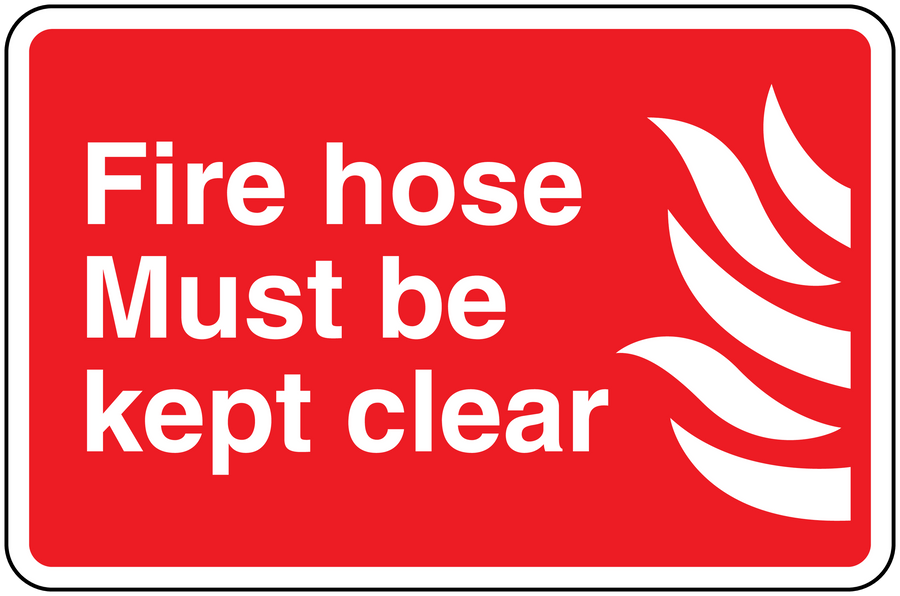 Red fire hose must be kept clear sticker with white text and flame icon