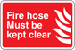 Red fire hose must be kept clear sticker with white text and flame icon