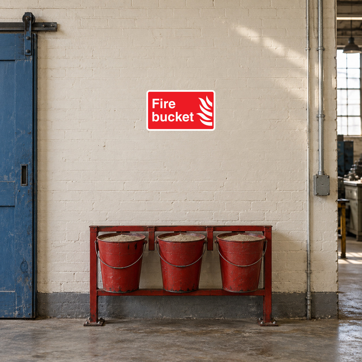 Fire Bucket sticker on a factory wall above sand-filled fire buckets