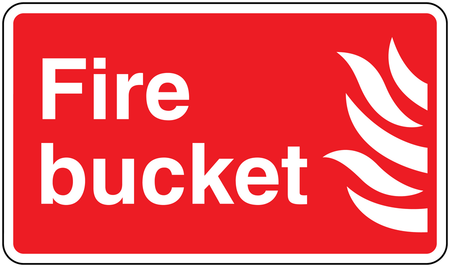 Red fire bucket sticker: white 'Fire bucket' text with flame icon, rounded rectangle