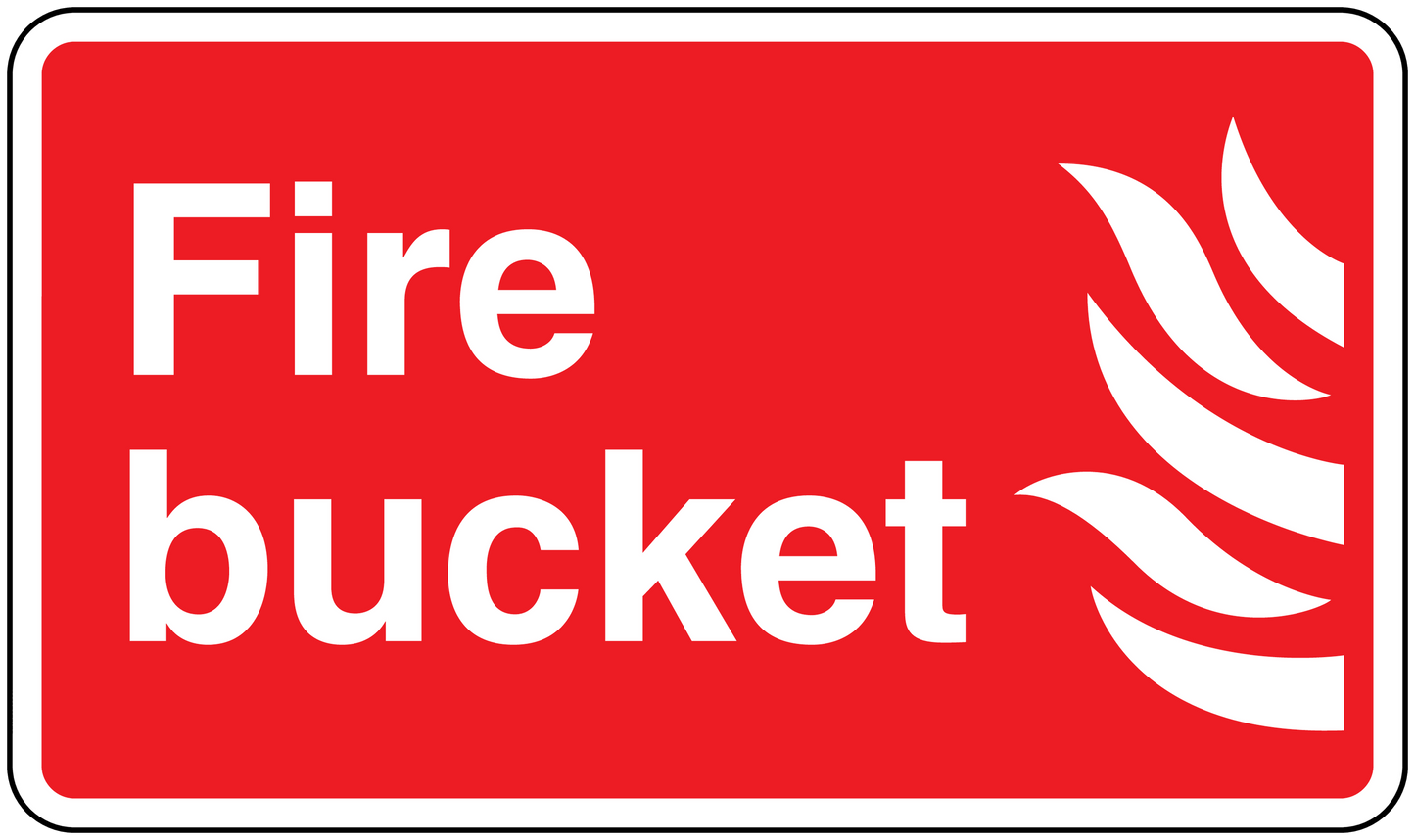 Red fire bucket sticker: white 'Fire bucket' text with flame icon, rounded rectangle