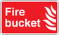 Red fire bucket sticker: white 'Fire bucket' text with flame icon, rounded rectangle