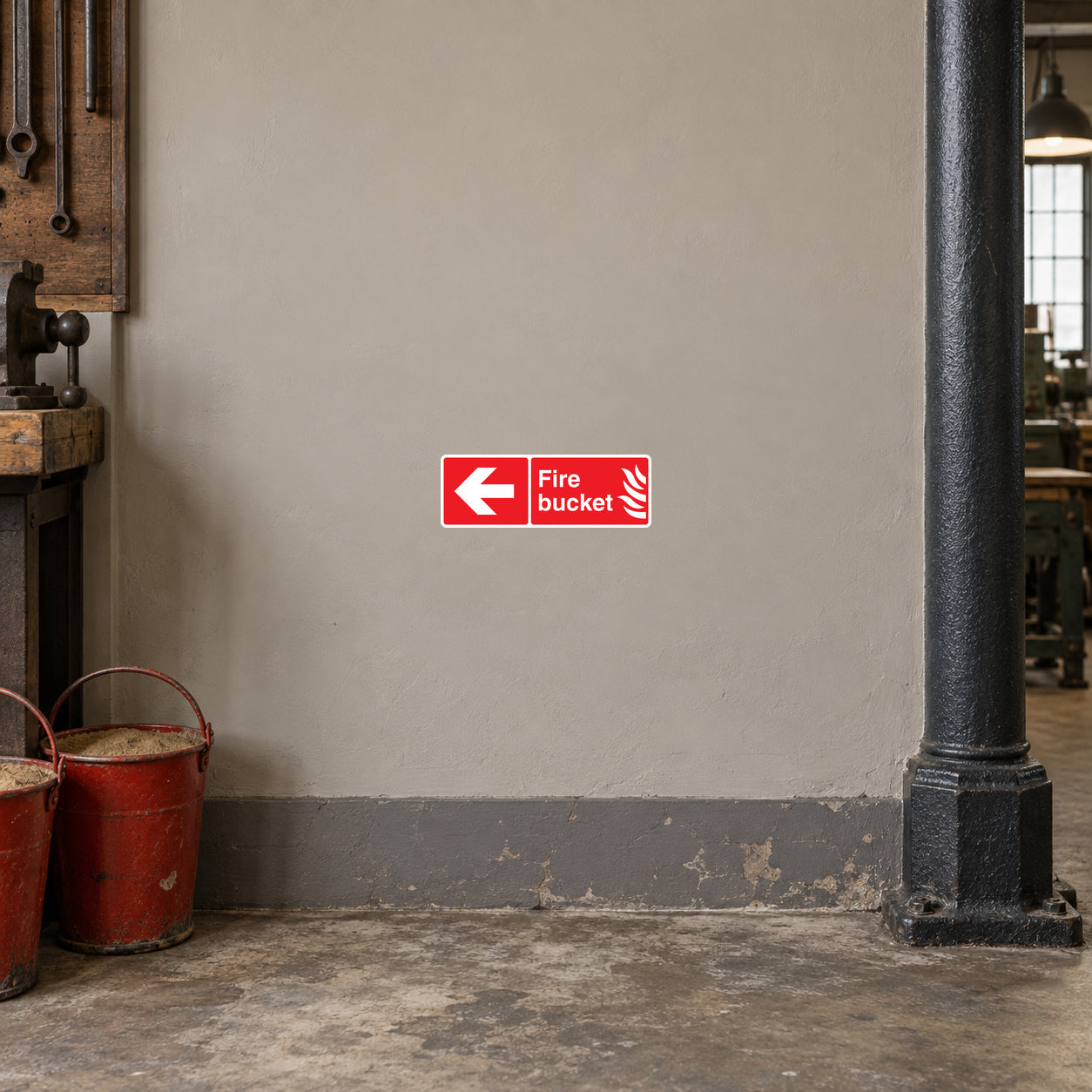 Fire bucket directional sticker: red arrow sign with 'Fire Bucket' text