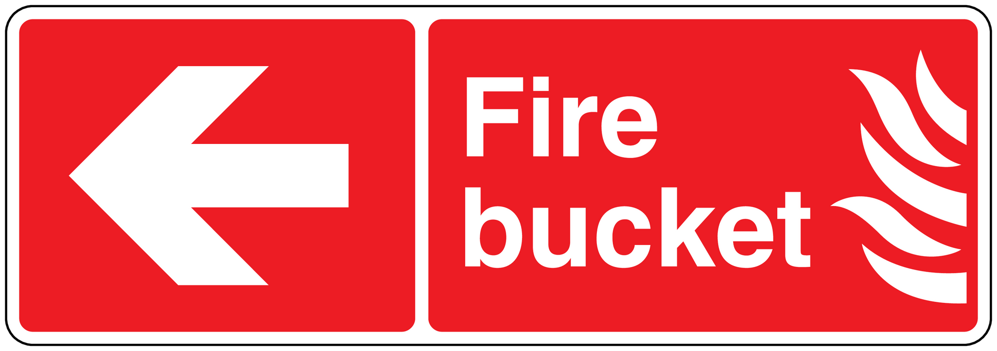Red fire bucket sticker with white left arrow, 'Fire bucket' text, and flame icon