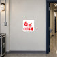Fire exit safety sticker with red flame, running figure, and EXIT arrow on white