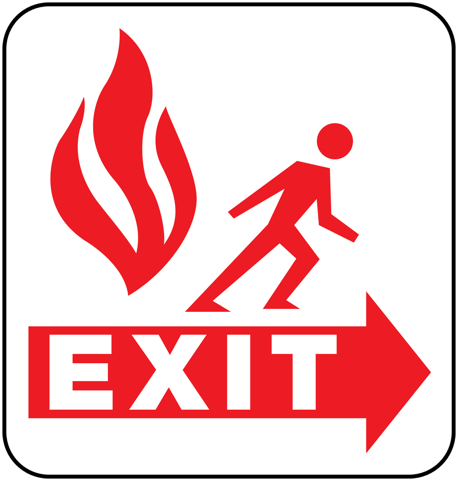 Fire exit safety sticker with red flame, running figure, and EXIT arrow sign