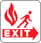 Fire exit safety sticker with red flame, running figure, and EXIT arrow sign