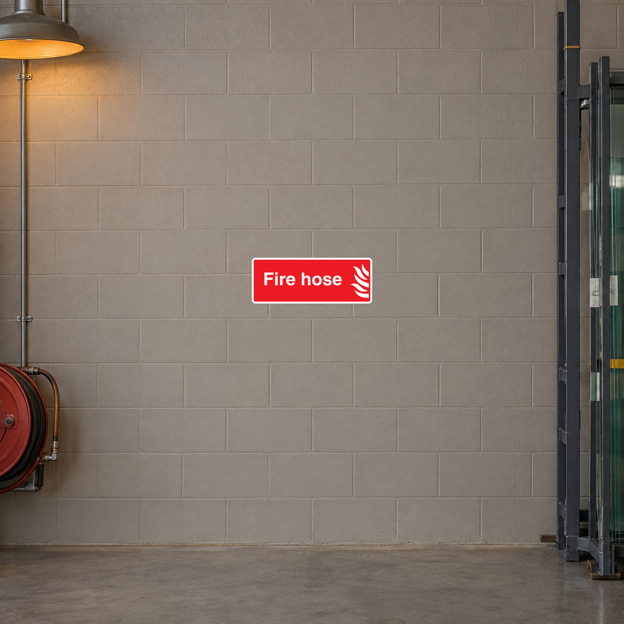Red fire hose label sticker with white hose icon and Fire hose text