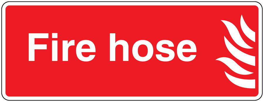Red fire hose sticker with white text and flame icon, white border.