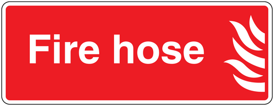 Red fire hose sticker with white text and flame icon, white border.