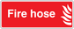 Red fire hose sticker with white text and flame icon, white border.