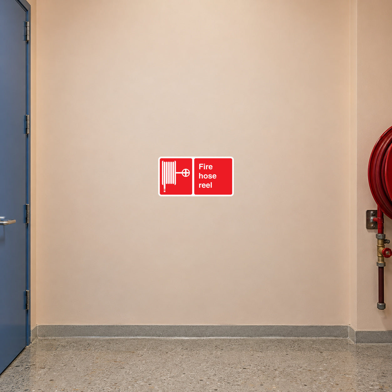Fire hose reel sticker, red and white icon with "Fire hose reel" text