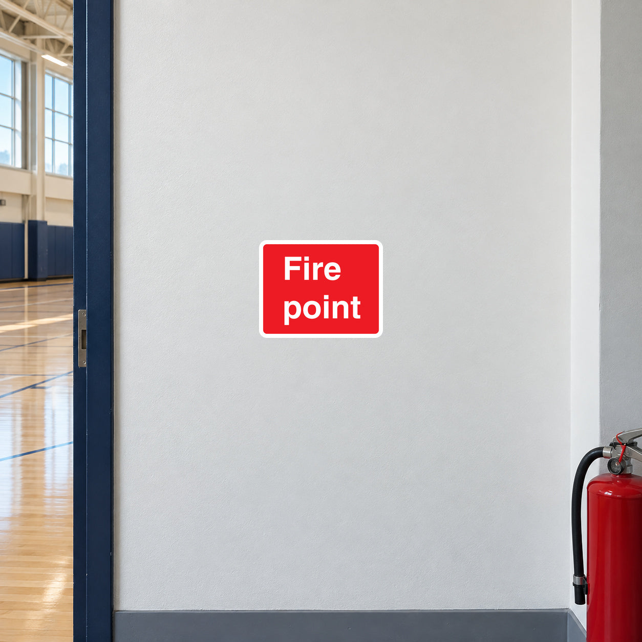 Fire point text sticker: red square with white “Fire point” lettering