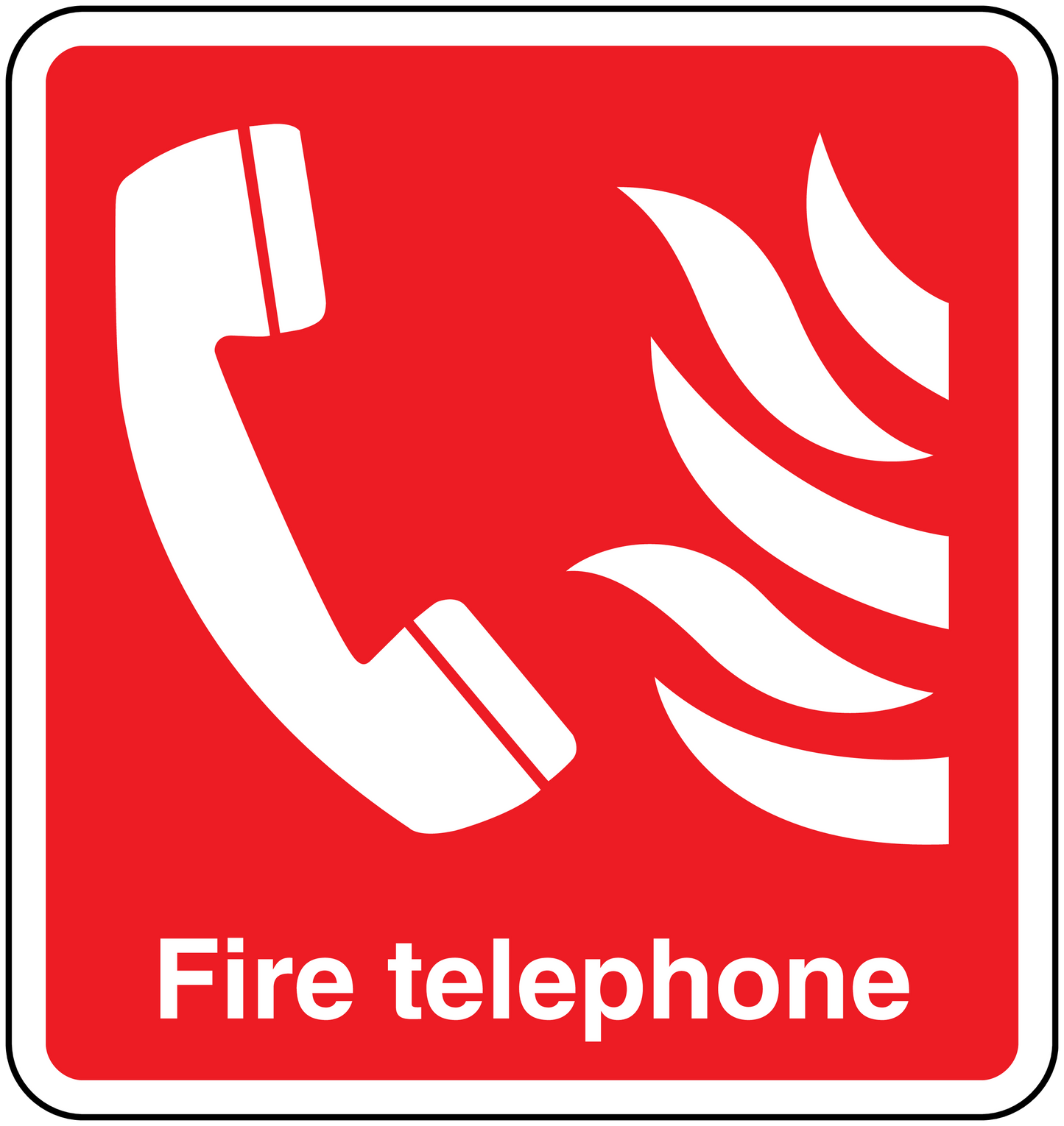 Square fire telephone sticker with white handset and flames icon on red background