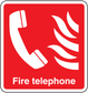 Square fire telephone sticker with white handset and flames icon on red background