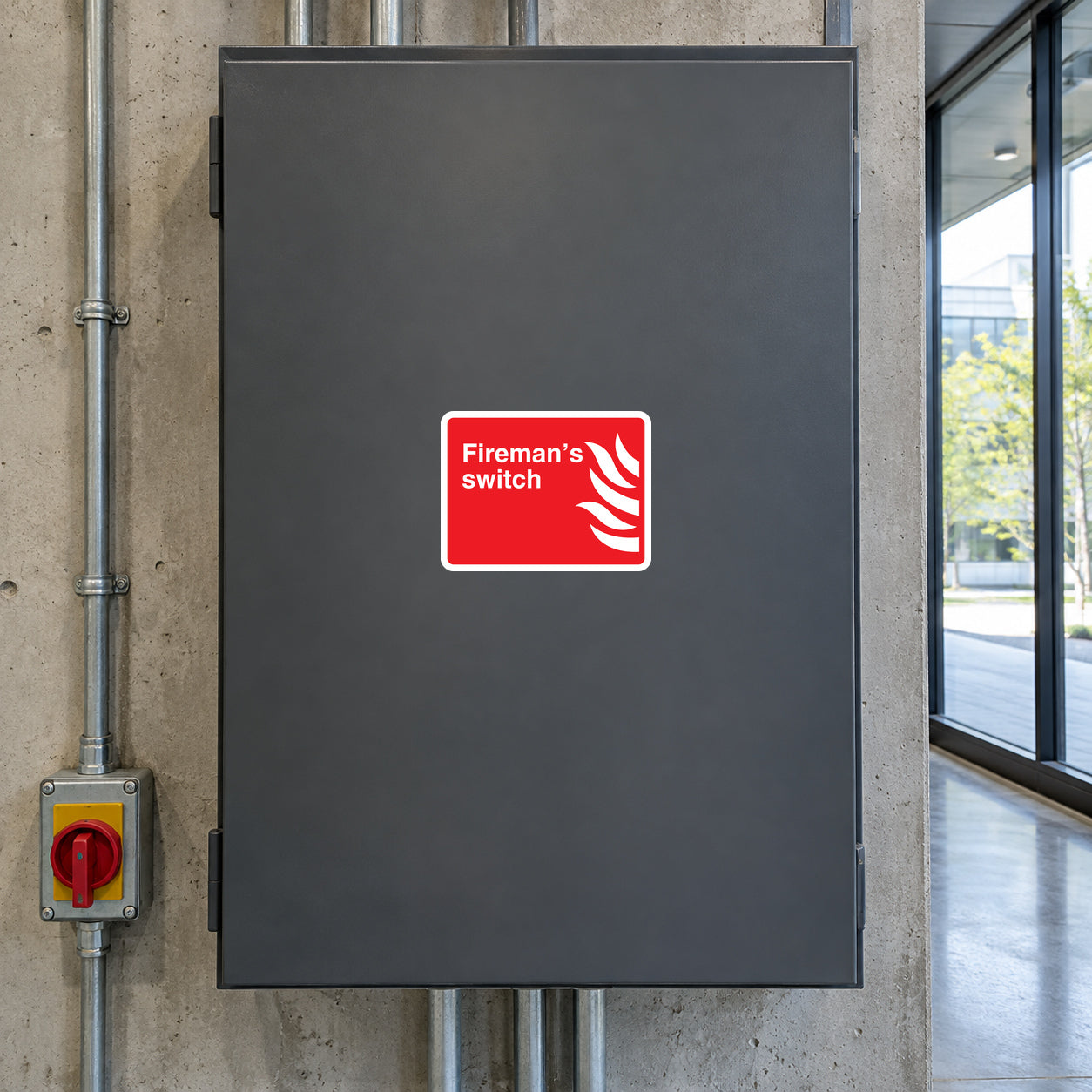 Fireman's Switch sticker with red border and white fire-themed logo