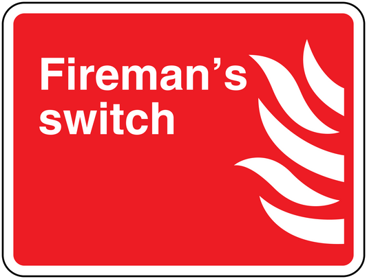 Fireman's switch sticker: red rectangular badge with white text and flame icon.