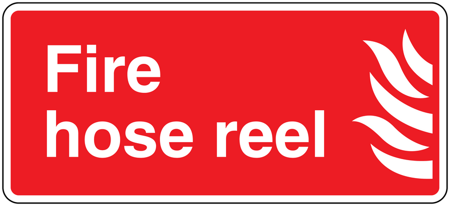 Fire hose reel safety sticker, red with white 'Fire hose reel' text and flame icon.