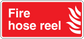 Fire hose reel safety sticker, red with white 'Fire hose reel' text and flame icon.