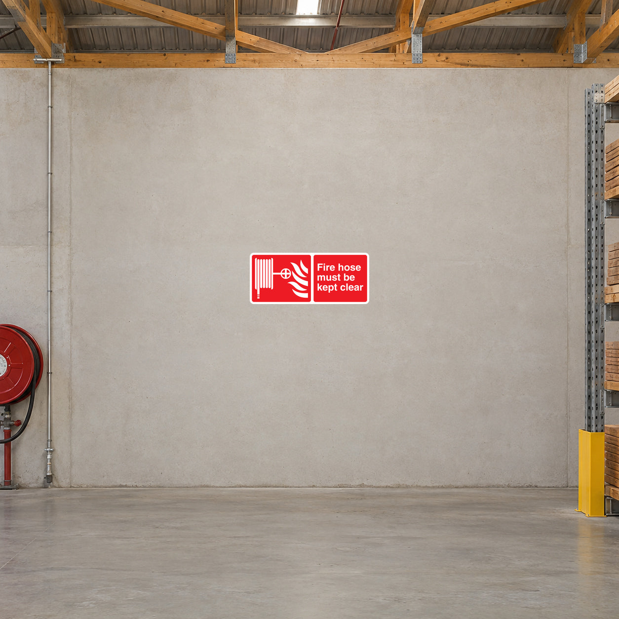 Fire hose must be kept clear warning sticker, red and white rectangular label