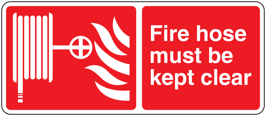 Red fire hose must be kept clear warning sticker with fire icon and flames