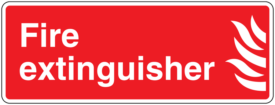 Red fire extinguisher sticker with white text and flame icon