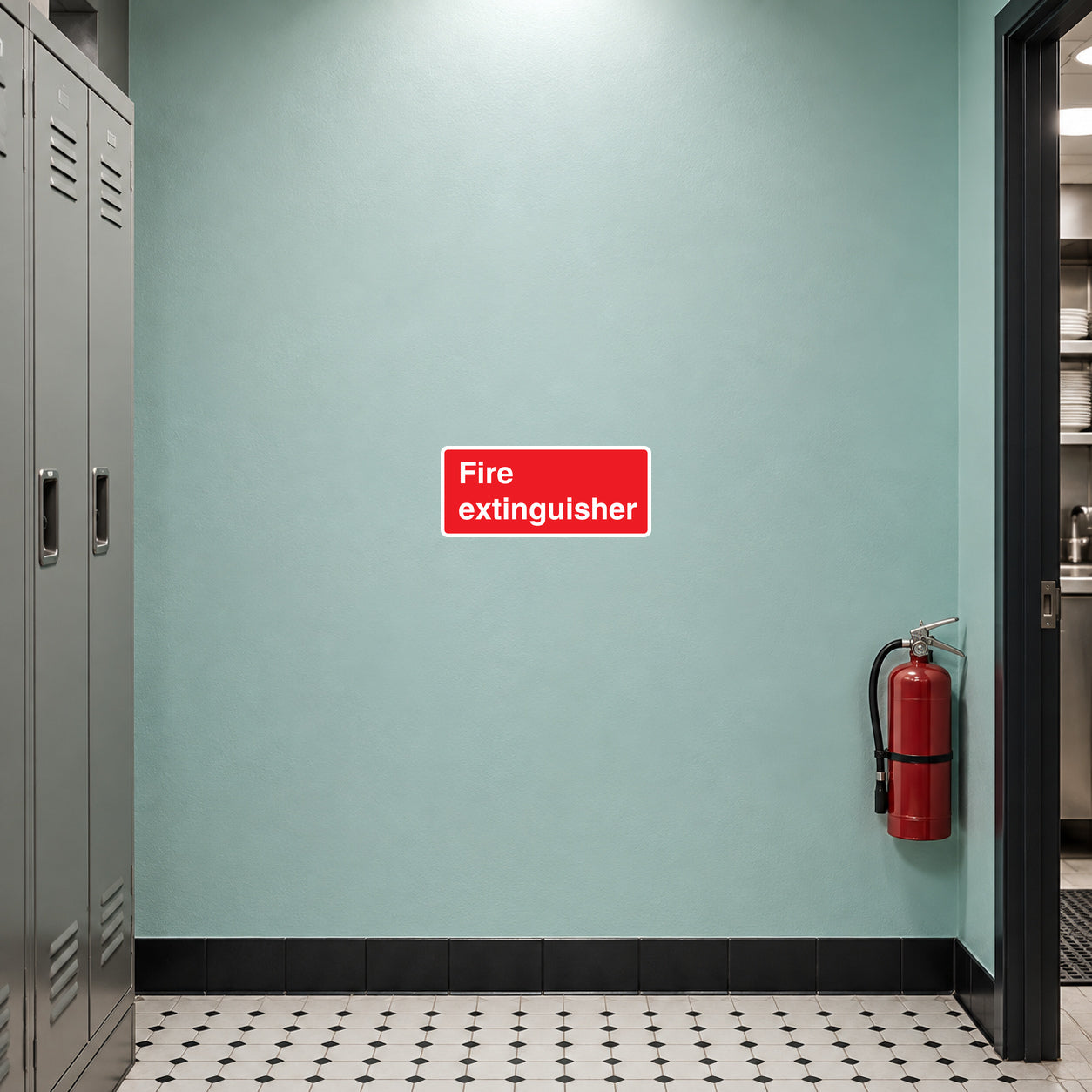 Fire extinguisher safety sticker, red with white text label