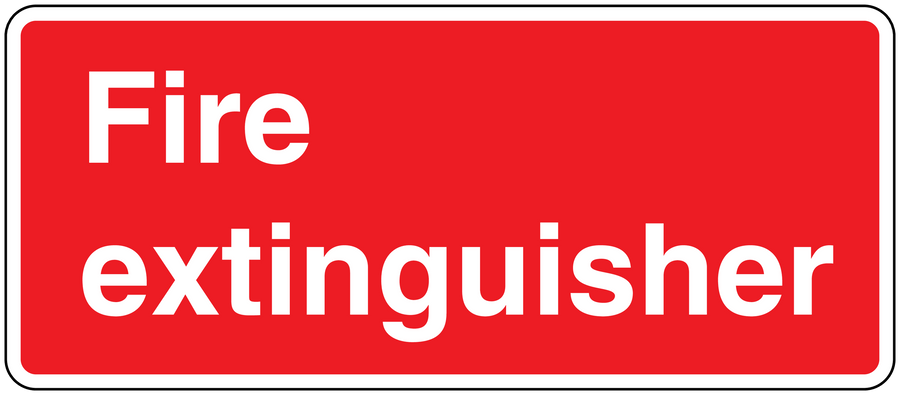 Fire extinguisher safety sticker, red with white text "Fire extinguisher"