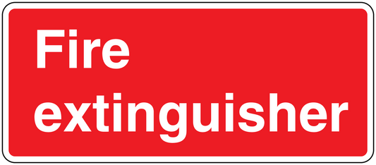 Fire extinguisher safety sticker, red with white text "Fire extinguisher"