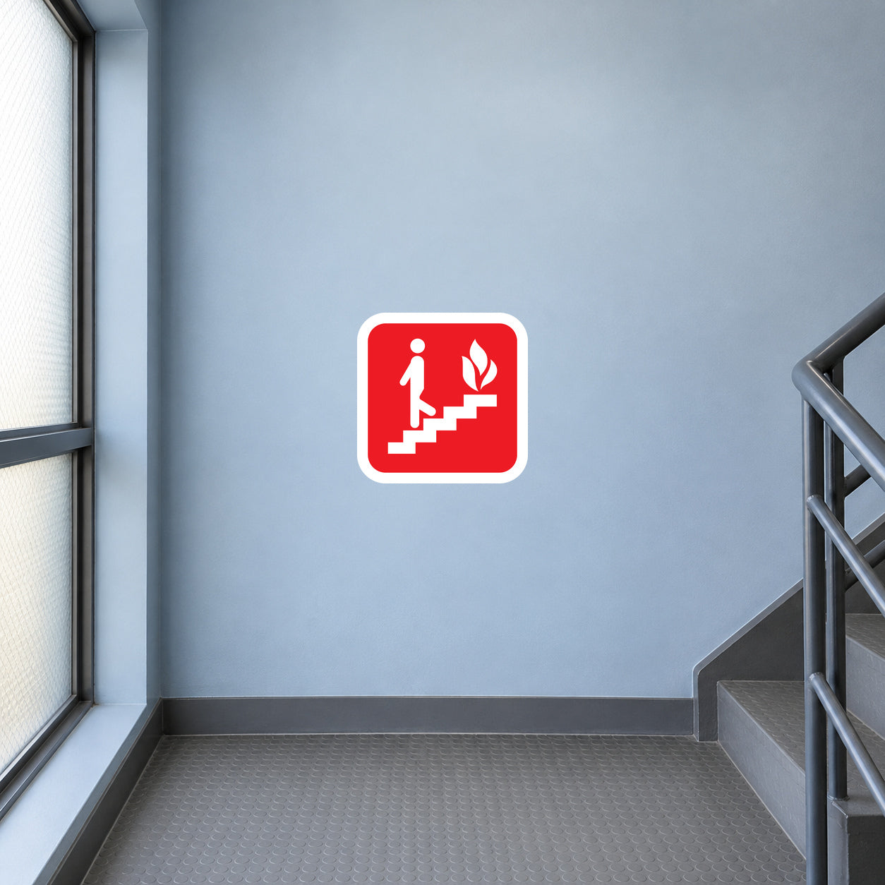 Red fire stairs sticker with person and flame icon