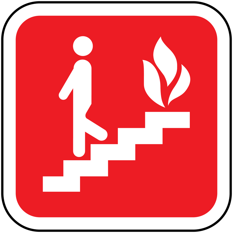 Fire stairs sticker with white figure on steps beside a flame icon, red background.