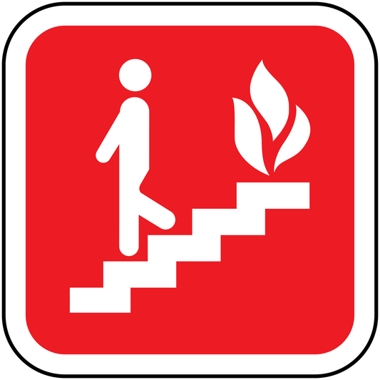 Fire stairs sticker with white figure on steps beside a flame icon, red background.