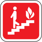 Fire stairs sticker with white figure on steps beside a flame icon, red background.
