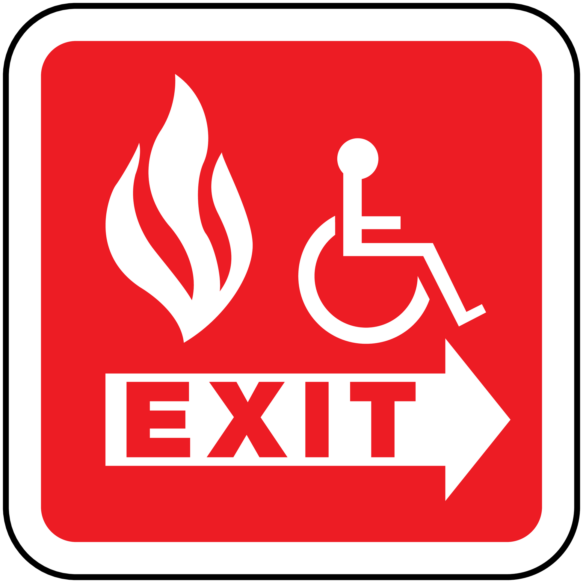 Fire exit sticker with wheelchair accessibility icon and arrow, red and white