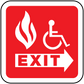 Fire exit sticker with wheelchair accessibility icon and arrow, red and white