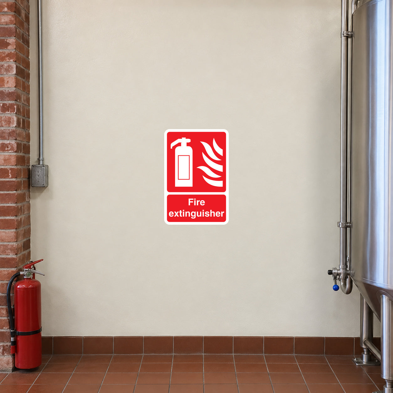 Fire extinguisher sticker: red square with white extinguisher icon and flames, text