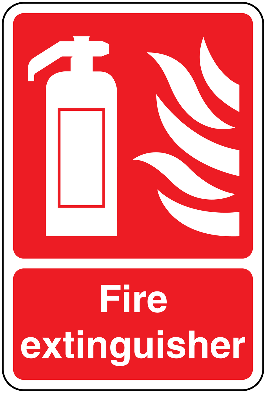 Fire extinguisher sticker: extinguisher icon, flames, and 'Fire extinguisher' text.
