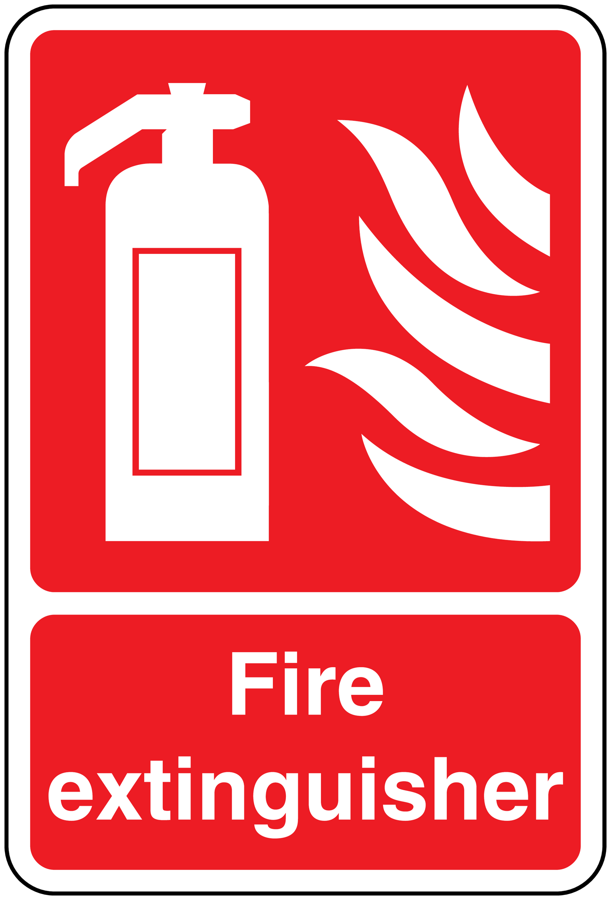 Fire extinguisher sticker: extinguisher icon, flames, and 'Fire extinguisher' text.