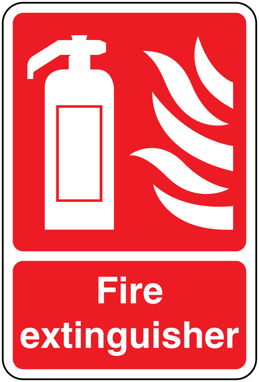 Fire extinguisher sticker: extinguisher icon, flames, and 'Fire extinguisher' text.