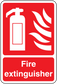 Fire extinguisher sticker: extinguisher icon, flames, and 'Fire extinguisher' text.