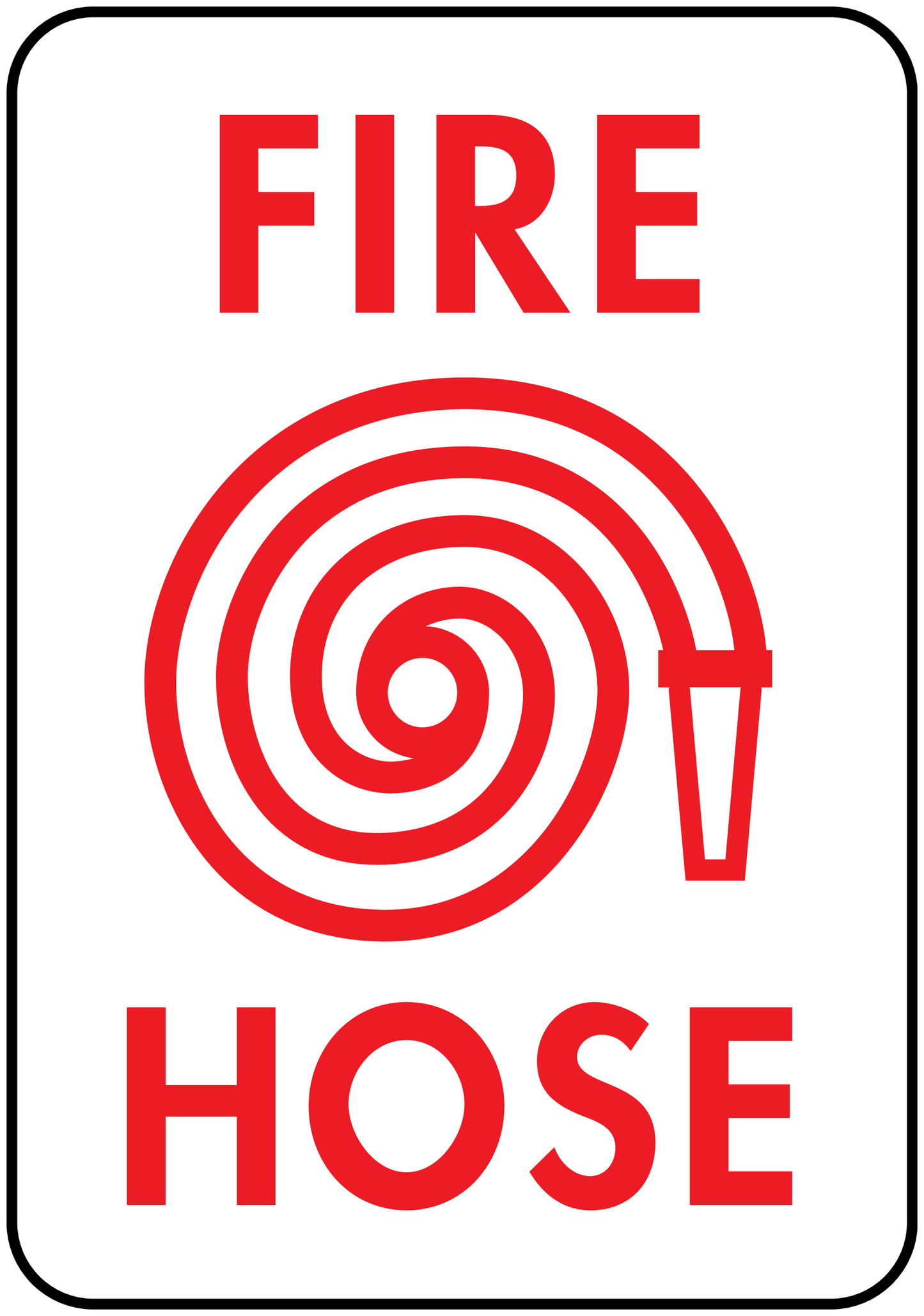 Fire hose here sticker with red FIRE and HOSE text and hose nozzle icon