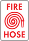 Fire hose here sticker with red FIRE and HOSE text and hose nozzle icon