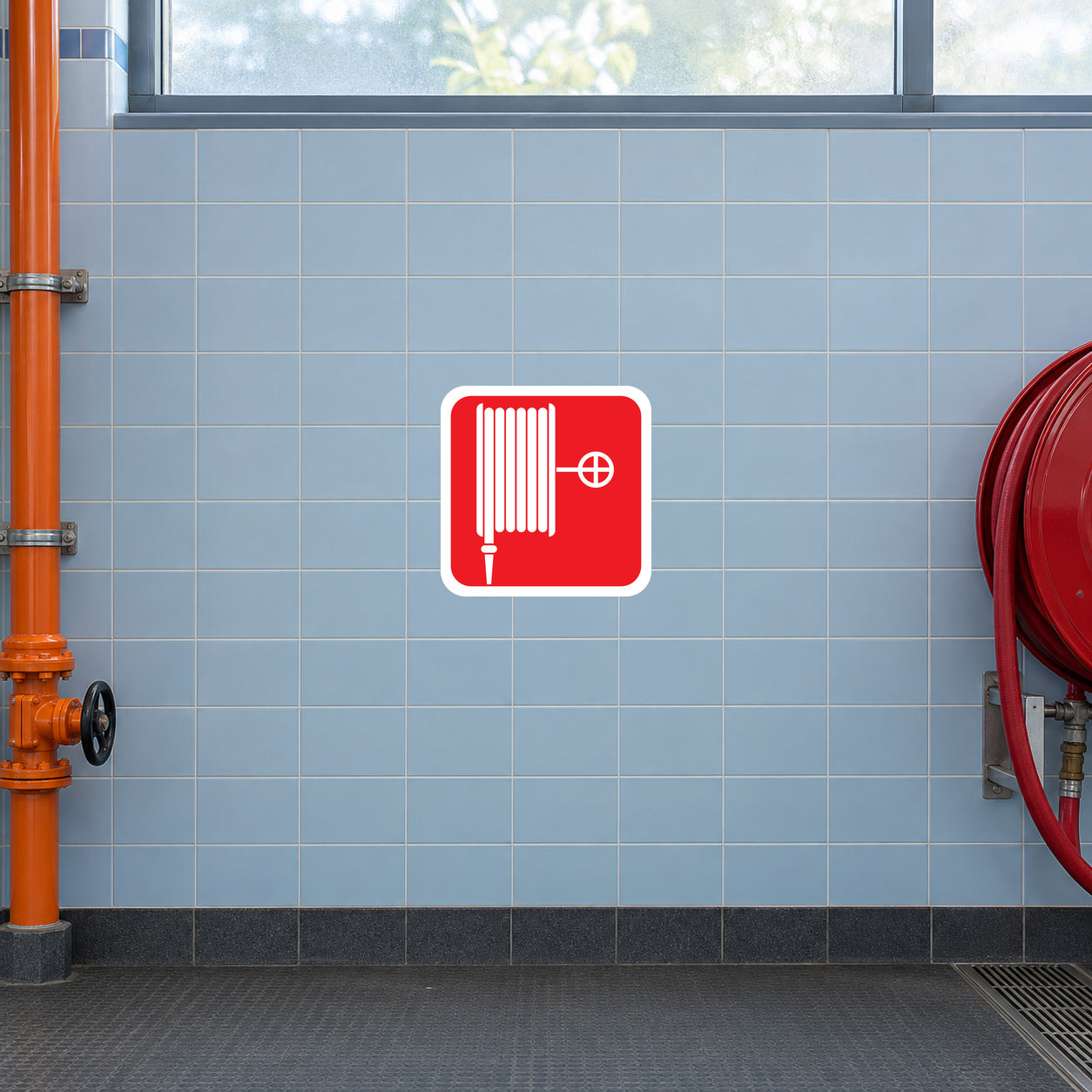 Fire hose sticker with red fire hose icon in white square
